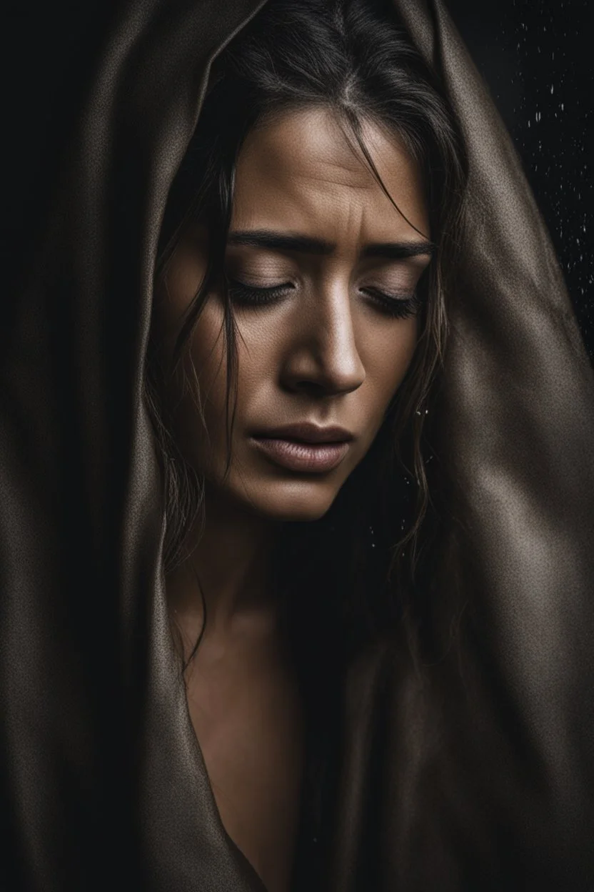 A beautiful woman with tears streaming down her face, her expression a mix of sorrow and despair.HOF, full size, (((realism, realphoto, photography, professional photographer, captured with professional DSLR camera, 64k,