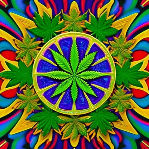 Marijuana, pattern, splash color, bright colors, neon, Psychedelic, detail, 8k, bright light, round edges