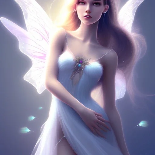 smiling girl, cute, beautiful, long hair, transparent dress, fairy wings, full body