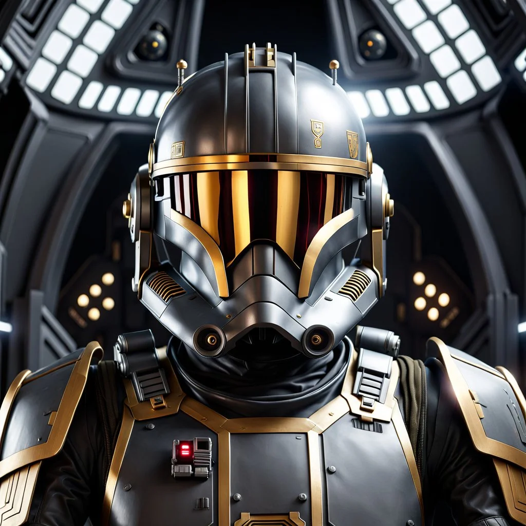 star wars bald male corellian pilot wearing dark gunmetal grey and black First Order special forces TIE pilot armored flightsuit and helmet with gold trim inside the jedi temple, centered head and shoulders portrait, hyperdetailed, dynamic lighting, hyperdetailed background, 8k resolution, volumetric lighting, light skin, fully symmetric details