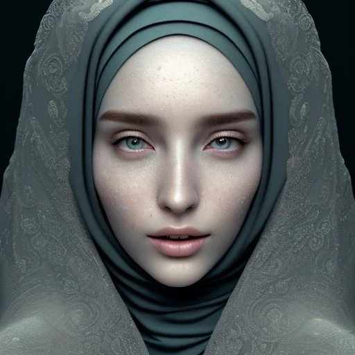 close up portrait of fog as woman in hijab, fine detail, highly intricate, modern surrealism painting, defined cracks and breaks, high-quality, volumetric lighting, 8k, ultrahd, George Grie, Marco Escobedo, Igor Morski,Brian Froud, Howard Lyon, Selina French, trees, flowers, tall