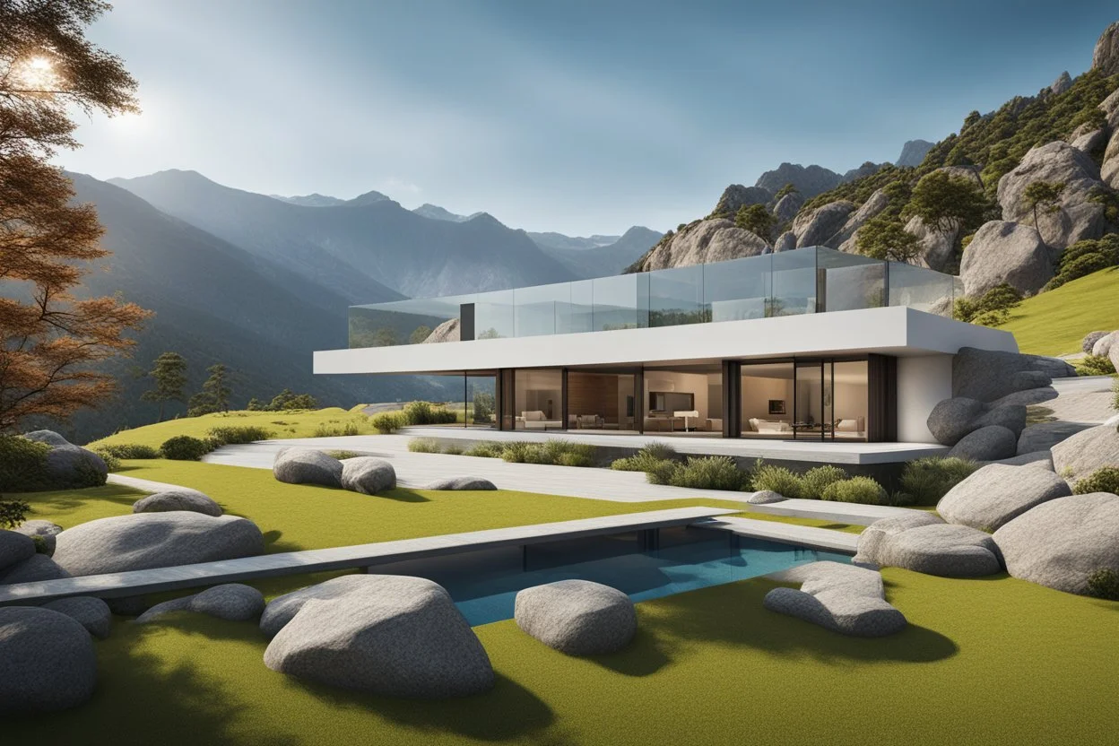 Modern, minimalist house located in a picturesque landscape. It is characterized by large glass windows and a clear exterior, providing an unobstructed view of the surrounding environment. It is built on a flat area surrounded by grass and rocks, with imposing mountains and trees in the background. The sky is clear, it is a serene and calm day, architecture, vibrant