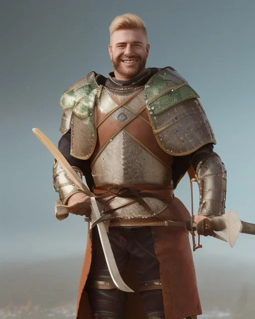 strong medieval warrior with short blond hair, blue eyes and wide warm smile with an axe wearing brown and green clothes