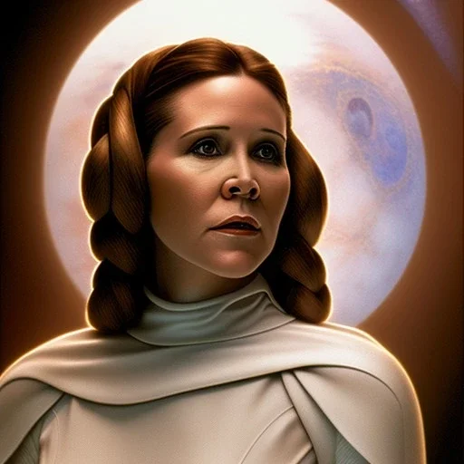 extremely detailed 8k hyperspace wallpaper,complete and photo realistic detailed head to waist stunning photo realistic portrait of carrie fisher as Princess Leia in star wars with photo realistic radiant, full but fine hair, brown eyes, professional majestic photo realistic painting by Ed Blinkey, Atey Ghailan, by Jeremy Mann, Greg Manchess, Antonio Moro, trending on ArtStation, Intricate, High Detail, Sharp focus, dramatic, by greg rutkowski, realism, beautiful and detailed lighting,