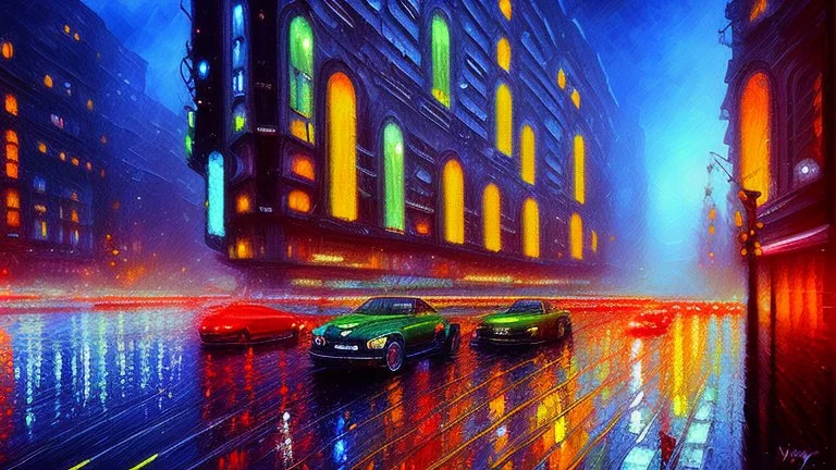 Modern city at night with modern cars, impressionism painting