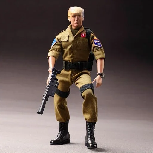 G.i. Joe toy camouflage khaki doll Donald Trump orange face with boots full body in package high resolution 2020, in a box with gun