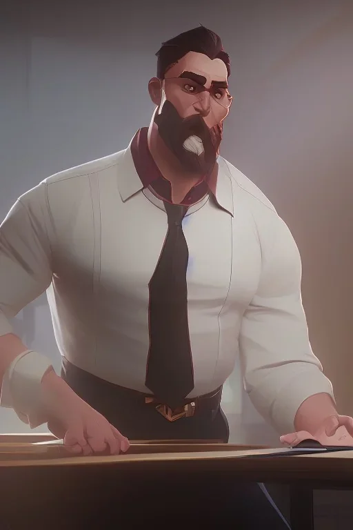 teacher in a classroom, beefy and large, wearing white button up shirt, dynamic lighting, 8k, ultra detailed