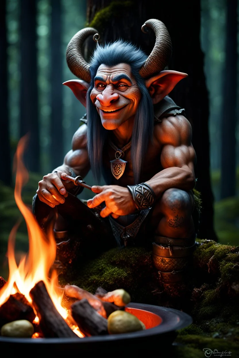 Friendly Warhammer fantasy troll, slim, humanoid face, male, long thin hanging ears, highly detailed face, grinning, looking into the camera, sitting at a camp fire, handing a mushroom into the camera, portrait, fantasy art, dark fir forest, dark fantasy,, Cinematic lighting, Volumetric lighting, Epic composition, Photorealism, Bokeh blur, Very high detail, Sony Alpha α7, ISO1900, Character design, Unreal Engine, Octane render, HDR, Subsurface scattering