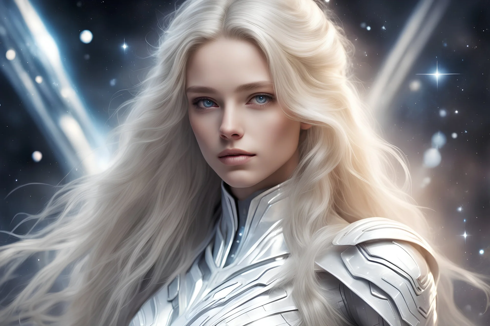 a young woman, white and silver galactic costume, kindness, gentle,blond long hair, perfect face, kindness,