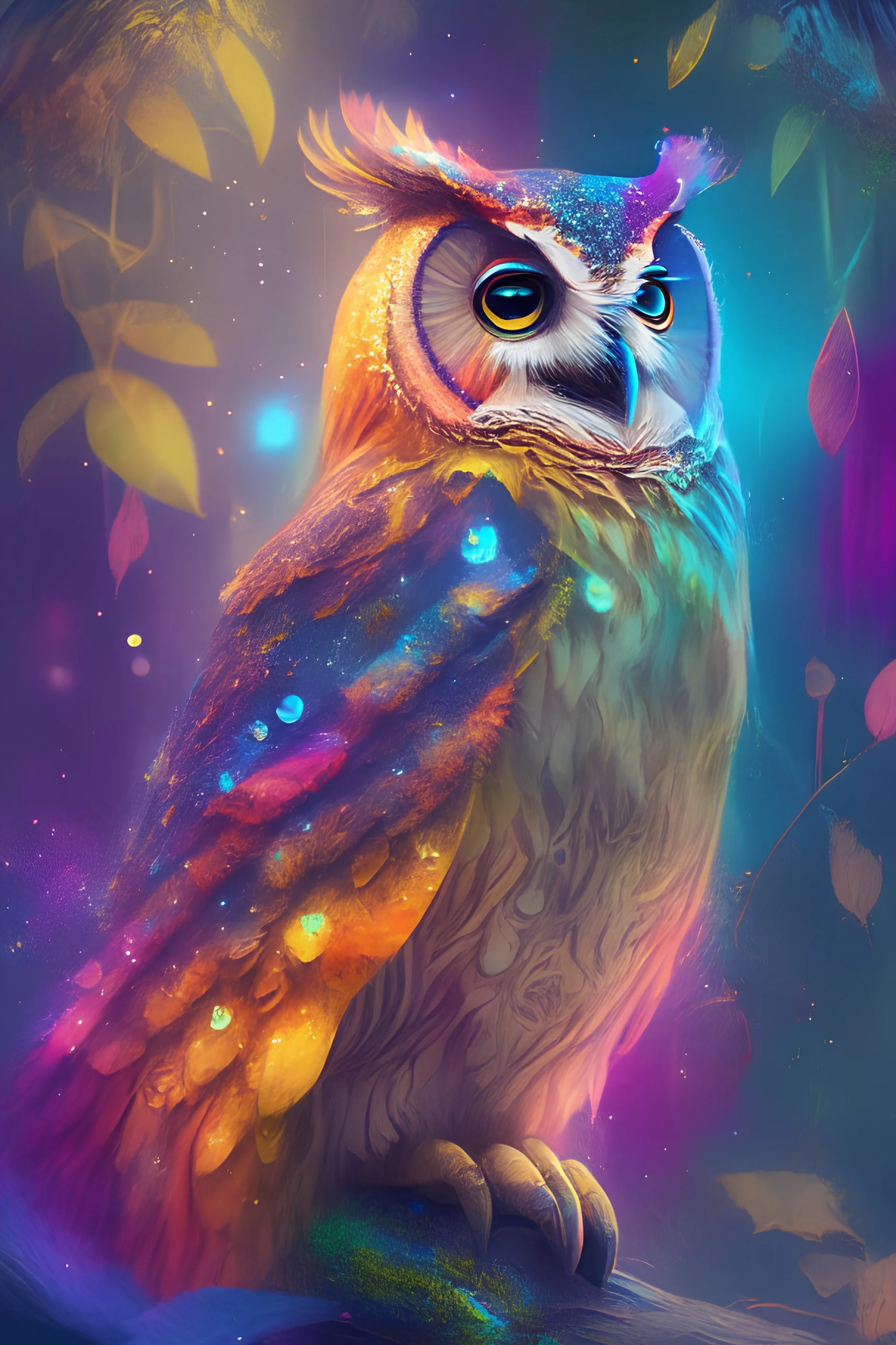A wise owl in a colorful magical jungel
