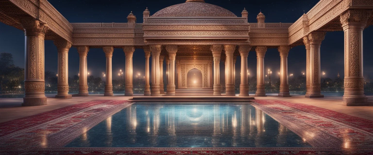 Hyper realistic detailed Outside historical indian palace with glass work on pillars with beautiful carpet & water fountain at night