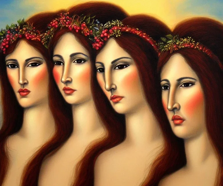 Realistic detailed face portrait of The goddess of beauty, goddess of spell and goddess of joy. "The Three Graces"