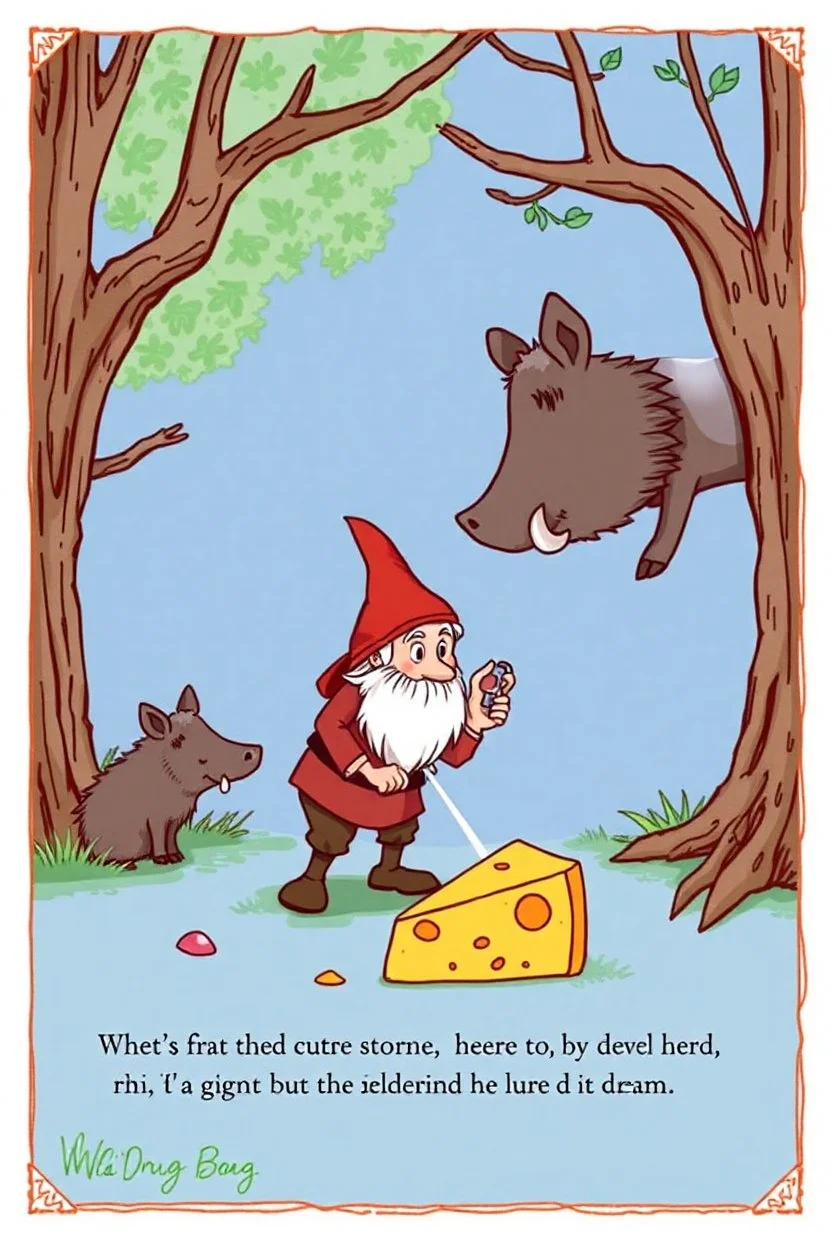 book illustration, With the wild boar snorting, our brave dwarf stumbled. On day two, he regrouped, plotting a clever scheme, With a giant cheese wedge, he lured it like a dream.