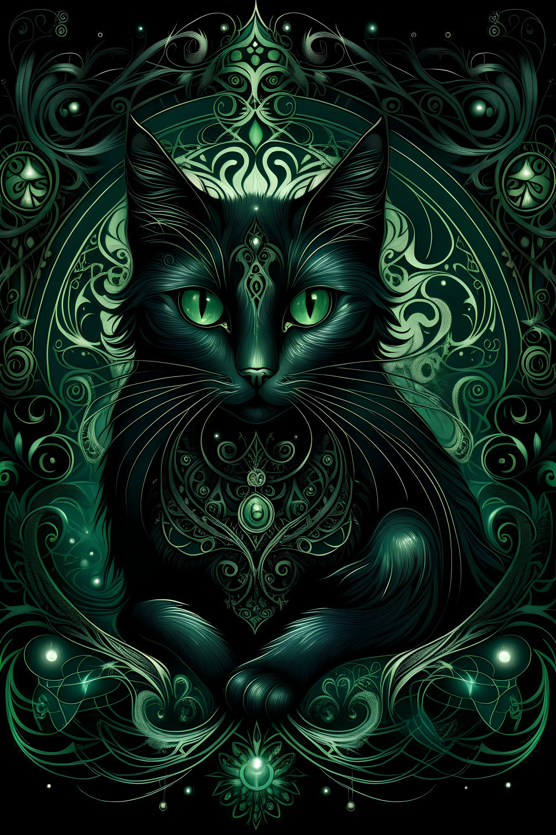 "Mystical Feline Enchantment": Behold the captivating allure of our "Mystical Feline Enchantment" design, where the enigmatic black cat embodies the essence of mystery and magic. With piercing emerald eyes that seem to hold ancient secrets, this ethereal creature is surrounded by swirling constellations, conveying a sense of cosmic connection. Perfect for those who embrace the enigmatic nature of felines and the wonders of the universe.