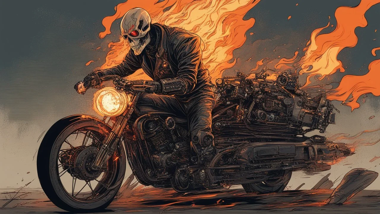 ghost rider in style cyberpunk with Robot Skull and fire come out from it