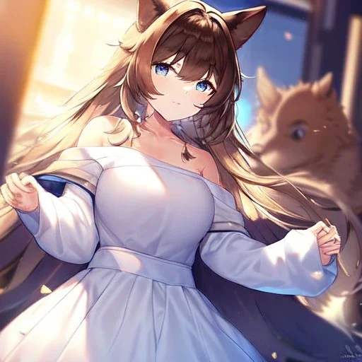 Clear focus, High resolution, Long fluffy brown hair, blue eyes, wearing a white skirt, detailed outfit, wearing a jacket oversized off shoulder, rough line, hair above ears, dog ears, off shoulder white shirt