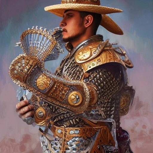 portrait,"Insanely detailed photograph of an armored mariachi warrior", intricate chainmail charo,colorful Sombrero,elegant cape, highly detailed D20, digital painting, artstation, concept art, smooth, sharp focus, illustration, art by artgerm and greg rutkowski and alphonse mucha, 8 k