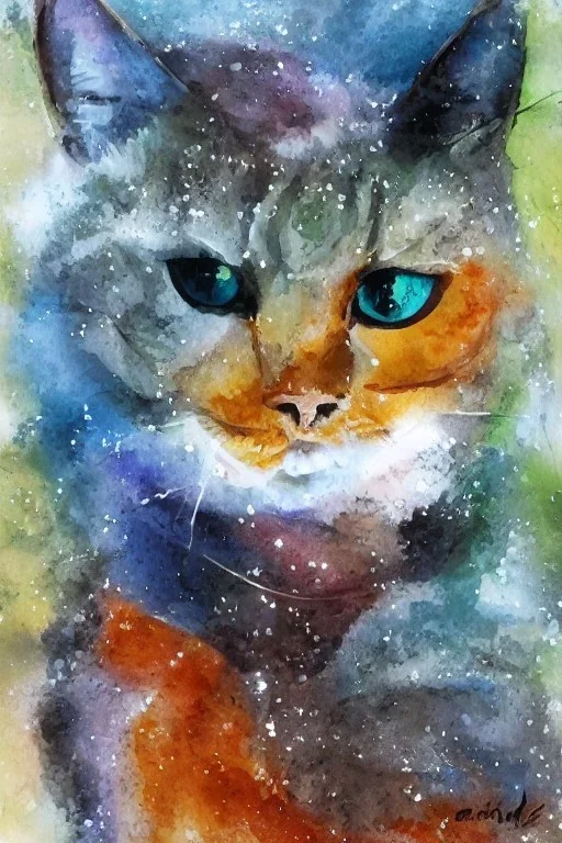 watercolor painting, happy cat, bright color,