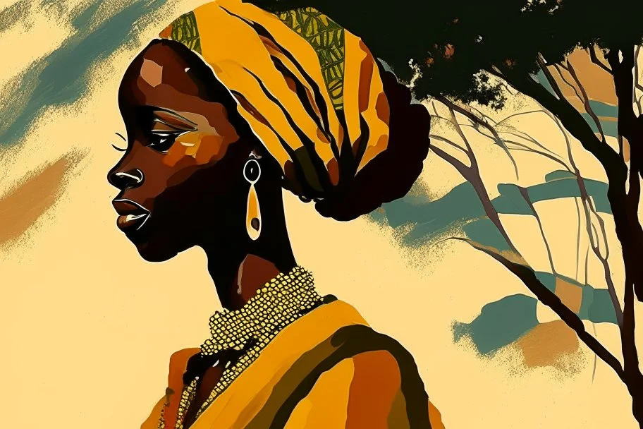 Design, African woman, oil painting, featureless, graphic, drawing without facial features, background, sky, trees, traditional clothes, look to left