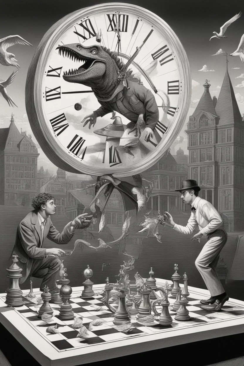 news paper journalist harlequin playing burning chess geese dinosaur reptiles on racing field with twisted ladders in a confused look on his face in front of a huge glass prism clock with angels, in the style of Escher