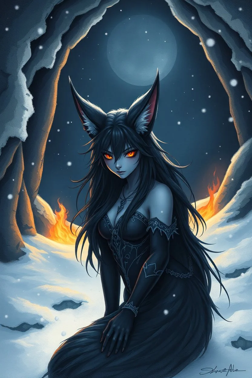 the goddess Nyx as a night fox living under the snow in a dark cave lit with fire, anime, airbrush with pen outline