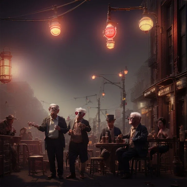 American shot view, old Asian man + little monkey, cabaret scene, steampunk. Sunglasses, smoking, happy, hot. Many people background, highly detailed, concept art, unreal engine 5, god rays, ray tracing, RTX, lumen lighting, ultra detail, volumetric lighting, 3d, finely drawn, high definition, high resolution.