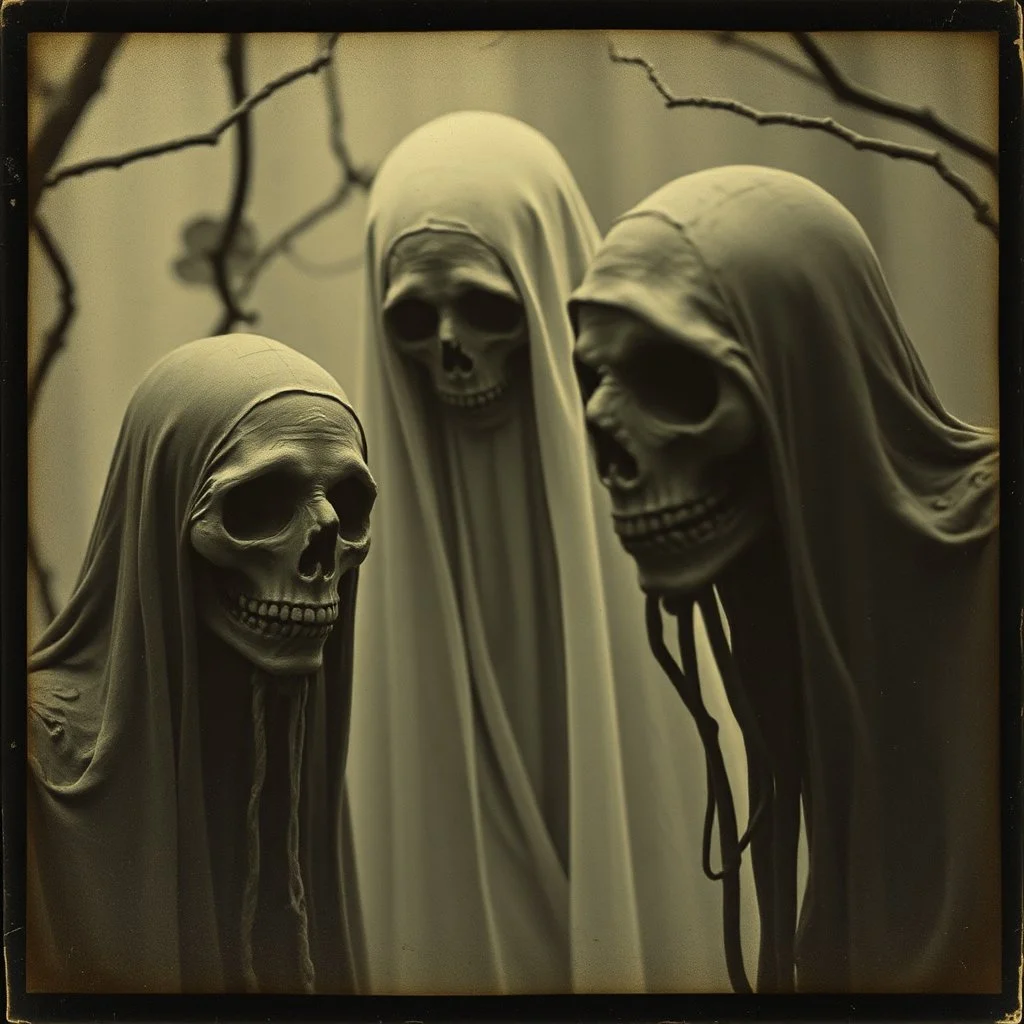 Daguerrotype close up of some mysterious figures, odd background, cinematic, Hieronymus Bosch, Max Ernst vegetal life, rotten, ambient light, ghost, cry