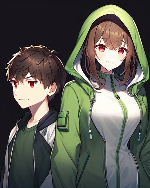 He is 17 years old, feminine in appearance but is a boy, has short dark brown hair, wears a green blouse with a zipper and hood and a white shirt underneath, has red eyes, Determined smile, dark background reminiscent of a nightmare