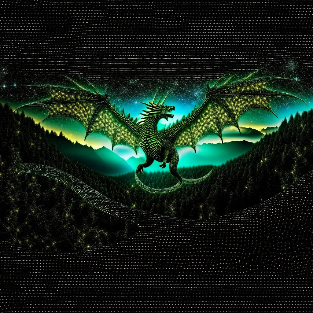 image framed with a thin border of celtic designs, story book cover format, A winged celestial dragon in flight above a forested mountain, against a background of brilliantly glittering stars, hd 4k, fine sharp detail