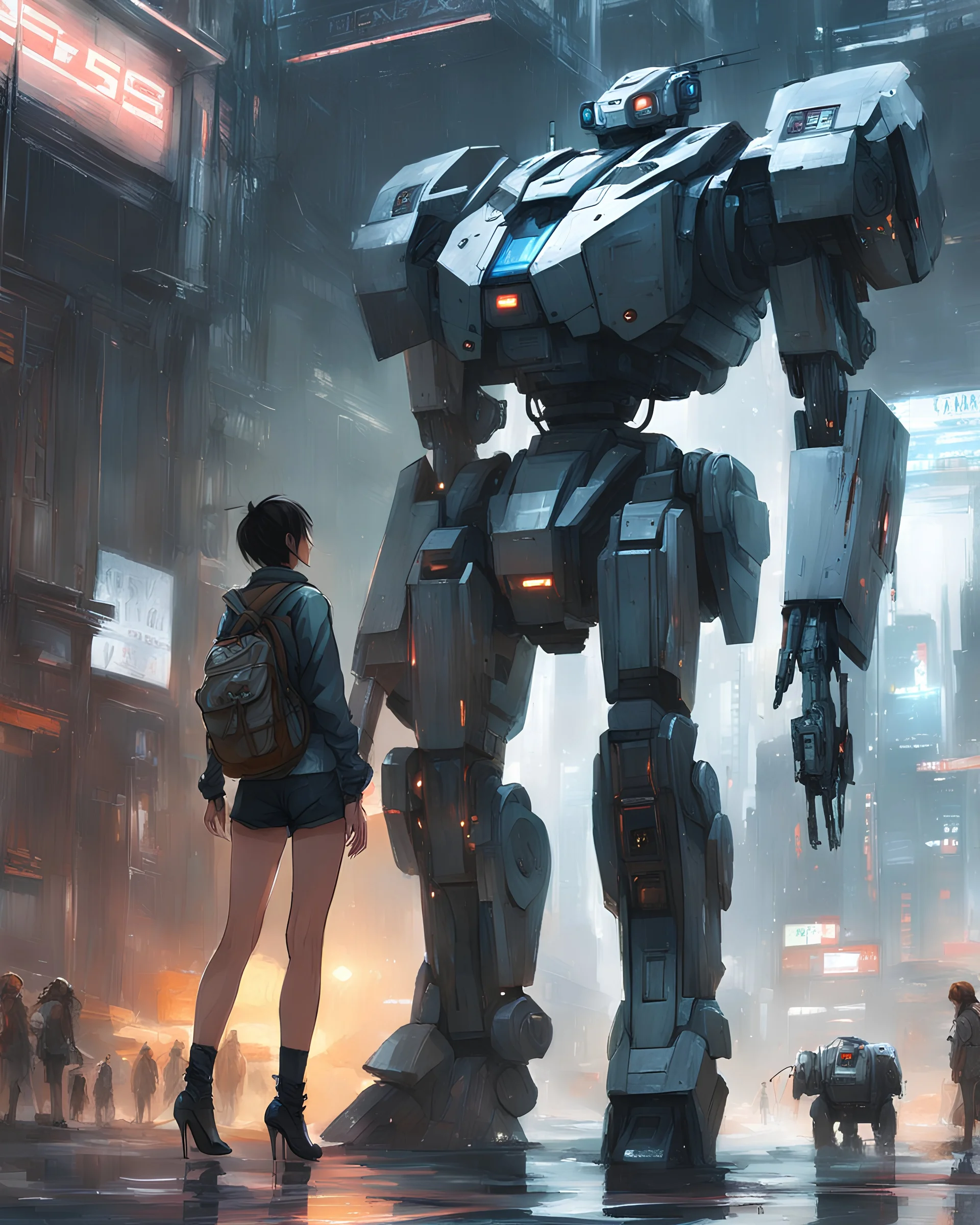 A girl in short shorts and a jacket stands next to a giant robot live-action SEO..., Illustration in the style of Guweiz, Cyberpunk 16 Year Old Spanish Girl Mech, G-Station, guweiz, in door : Russell Dongjun Lu, Digital Cyberpunk Art, Rostran 8K, Guweiz at Artstation Pixiv , Mecha Cyber Armor GirlHigh Quality and Contrast Photos, unreal engine 5, Wide angle of view, Depth of field, Ultra-detailed skins, Color Correction, Crazy details, Color Correction, hyperrealism, lifelike (Top Quality