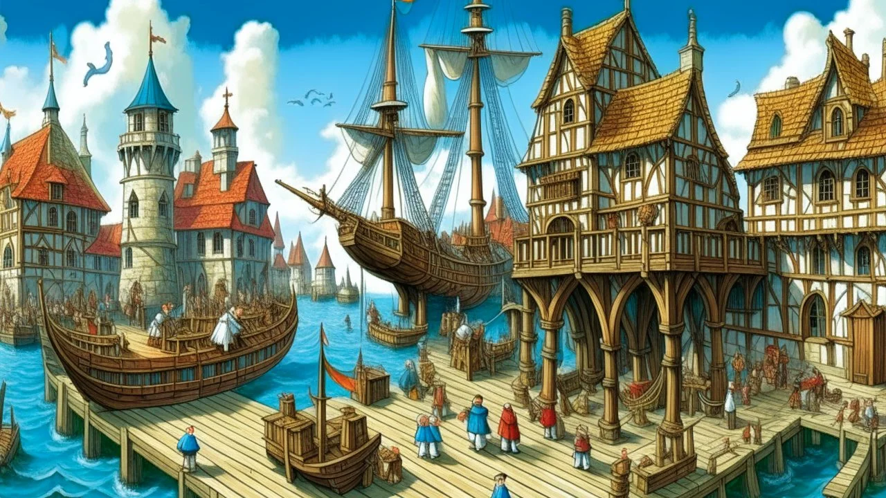 gothic medieval wooden harbour with piers and ships, people, shops, bridges, arches, balconies, taverns, blue sky