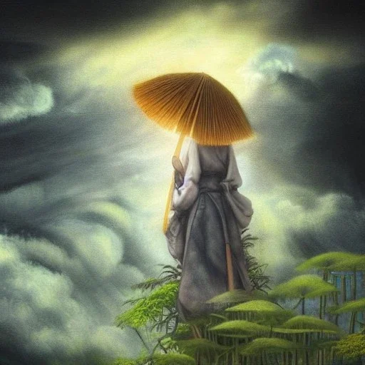 view from behind of japanese girl holding bamboo umbrella and looking at a stormy sky with rays of sunlight breaking through center of stormy sky, 8k, high-quality, ultrafine-detail, intricate, digital painting, brian froud, howard lyon, selina french, anna dittmann, annie stokes, Greg Rutowski