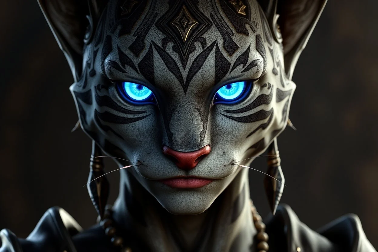 character art of a 20-year-old female Elder-Scrolls-Online-Style Khajiit, glowing blue eyes, She has a curvy body. The artwork is in high-resolution CGI, 4K quality, showcasing high detail and a cinematic look.