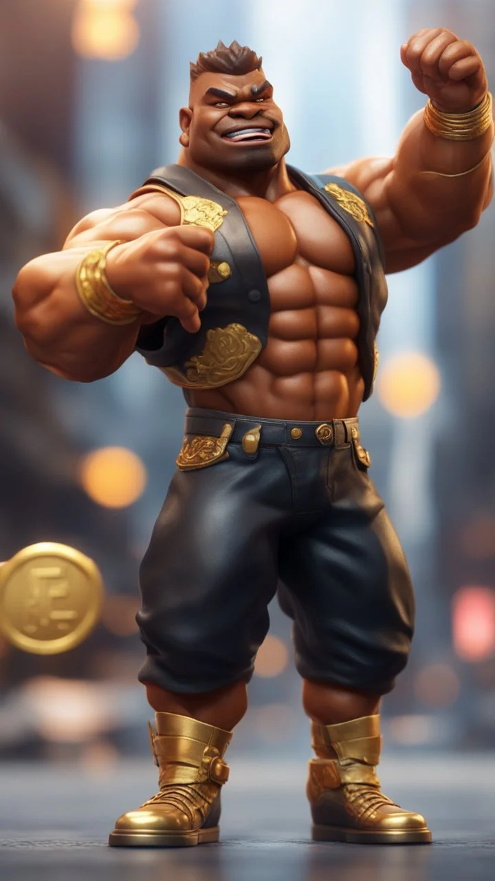 black hunk lowpoly Abobo from double dragon holding up a dog sized golden coin with a print of himself ,bokeh like f/0.8, tilt-shift lens 8k, high detail, smooth render, down-light, unreal engine, prize winning