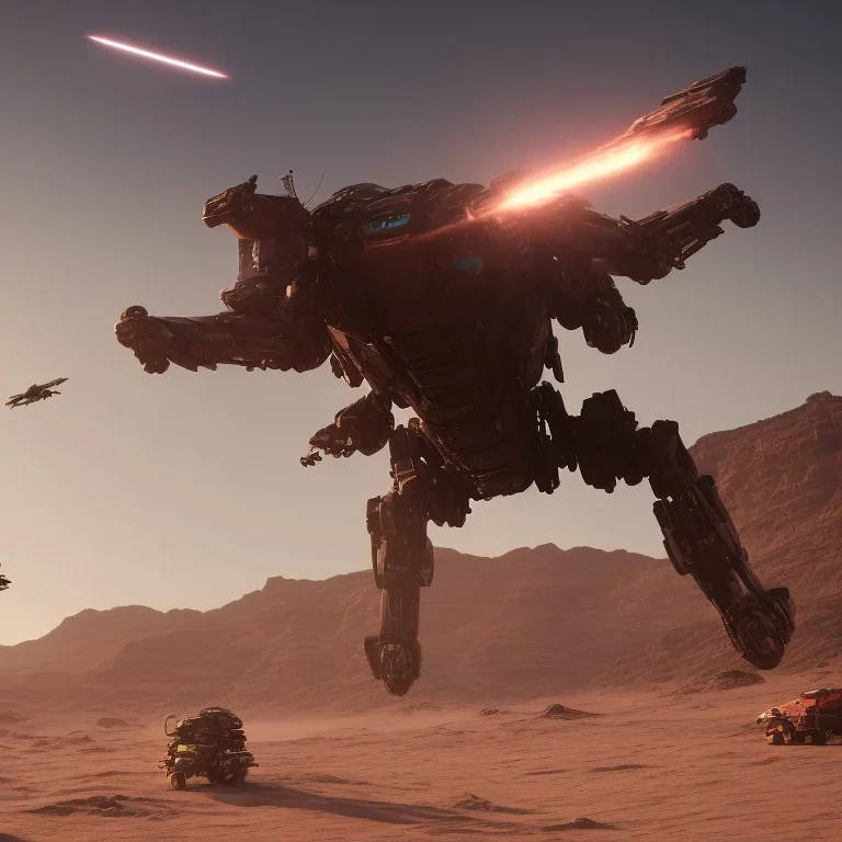 Armored Core machine robot fights another Armored Core fly in the sky in the desert with the ocean where you can see the space in the sky with the twilight on the horizon, 4k resolution