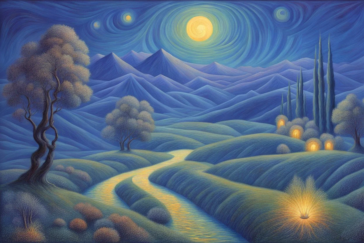 a noctilucent landscape in futurism style, elegant extremely detailed intricate vibrant beautiful award winning high definition crisp quality by artist "Umberto Boccioni"by artist "Leonora Carrington",by artist "Guy Orlando Rose"