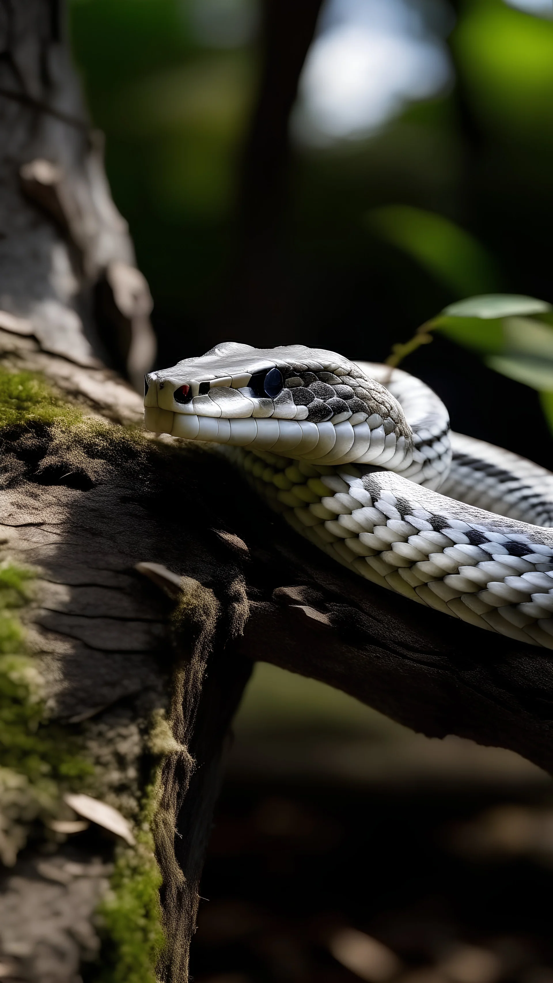 a white metal snake crawls through a tree