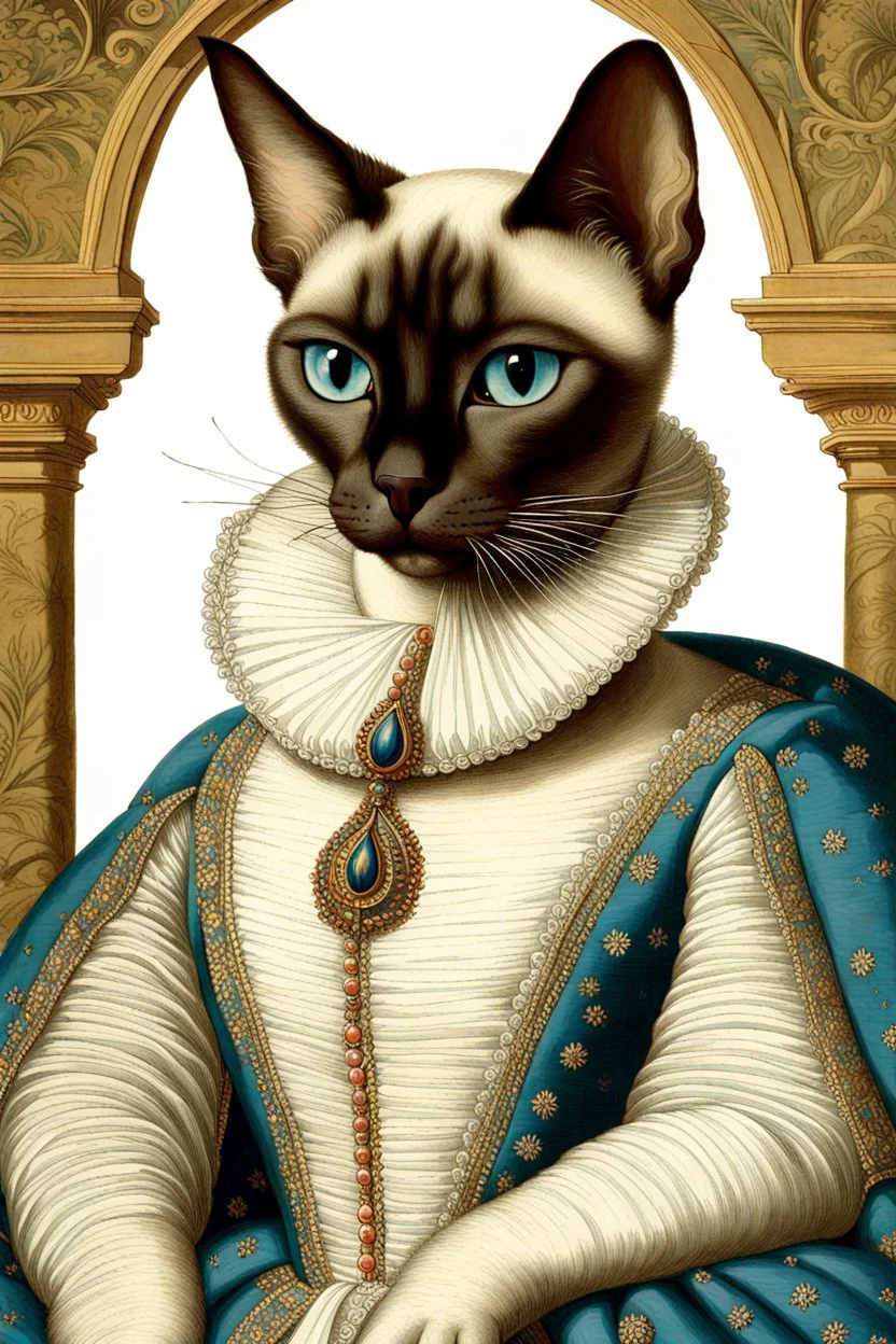 Prompt: the real awesome Siamese Cat queen in regals wearing reading glasses portrait 1600s