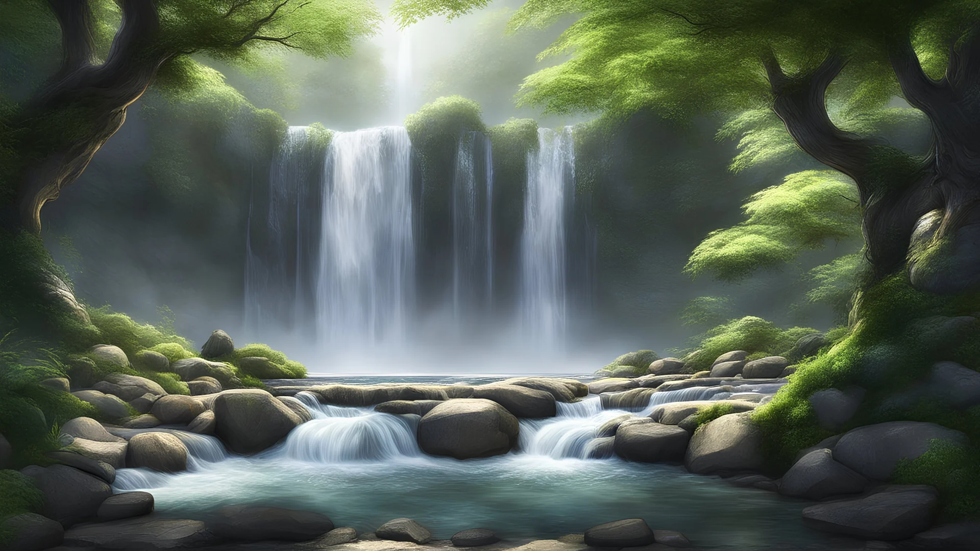 waterfall, stone, tree,, forest, (masterpiece),((ultra-detailed)), (highly detailed CG illustration),(expressionless), (best quality:1.2), High quality texture, intricate details, detailed texture, High quality shadow, Cinematic Light, Depth of field, light source contrast, perspective,20s, (ulzzang-6500-v1.1:0.5)