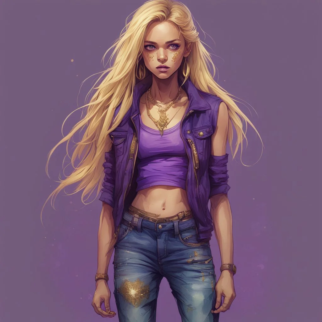 A girl with a purple gold hue around them with small bits of purple gold on their skin. They have long, dirty blonde hair and wear a tank-top with a jacket around their waist and jeans. They wear boots and have violate eyes.