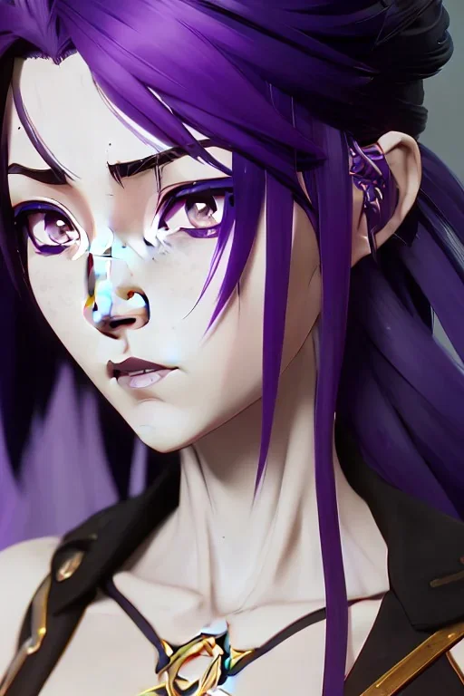 Detailed cute anime Kunoichi girl, purple hair buns, purple bangs, black latex bodysuit, intricate details, full body portrait, keep head in frame, slight smile, black Japanese motif, concept art, highly detailed, digital painting, concept art, sharp focus, illustration, art by Yoji Shinkawa, WLOP and greg rutkowski and alphonse mucha and artgerm and yanjun Chen and Junji ito and Makoto Shinkai, HDR, octane render