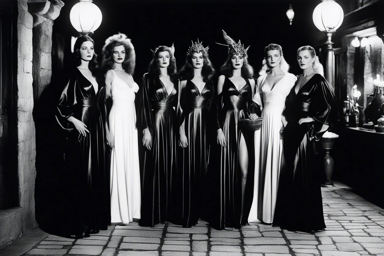 [high res photo of three women by Helmut Newton] Amidst the flickering torchlight of the crowded tavern, three enchanting sorceresses stood side by side, their mystical auras shimmering with an otherworldly allure. 🔥 Clad in flowing robes that accentuated their every movement, they exuded an air of command that silenced the rowdy patrons. Each of them possessed an undeniable presence, their gazes cutting through the haze of smoke and ale, demanding respect. ⚡ The blonde sorceress at the center