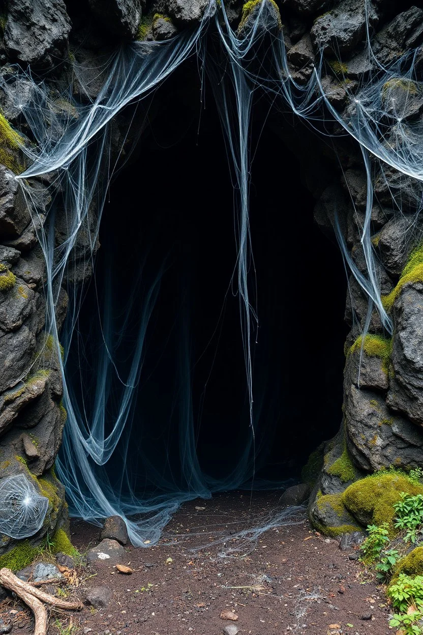 Ultra realistic photo, The entrance to a huge cave with massive cobwebs all over it, outside, HOF, captured with professional DSLR camera,64k, ultra detailed,colourfooll