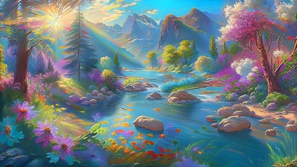 full light,highlight, trees, river, day, sun day, an idyliic forest with bright colorful flowers, mountains, sun,flower, a small river, paradise