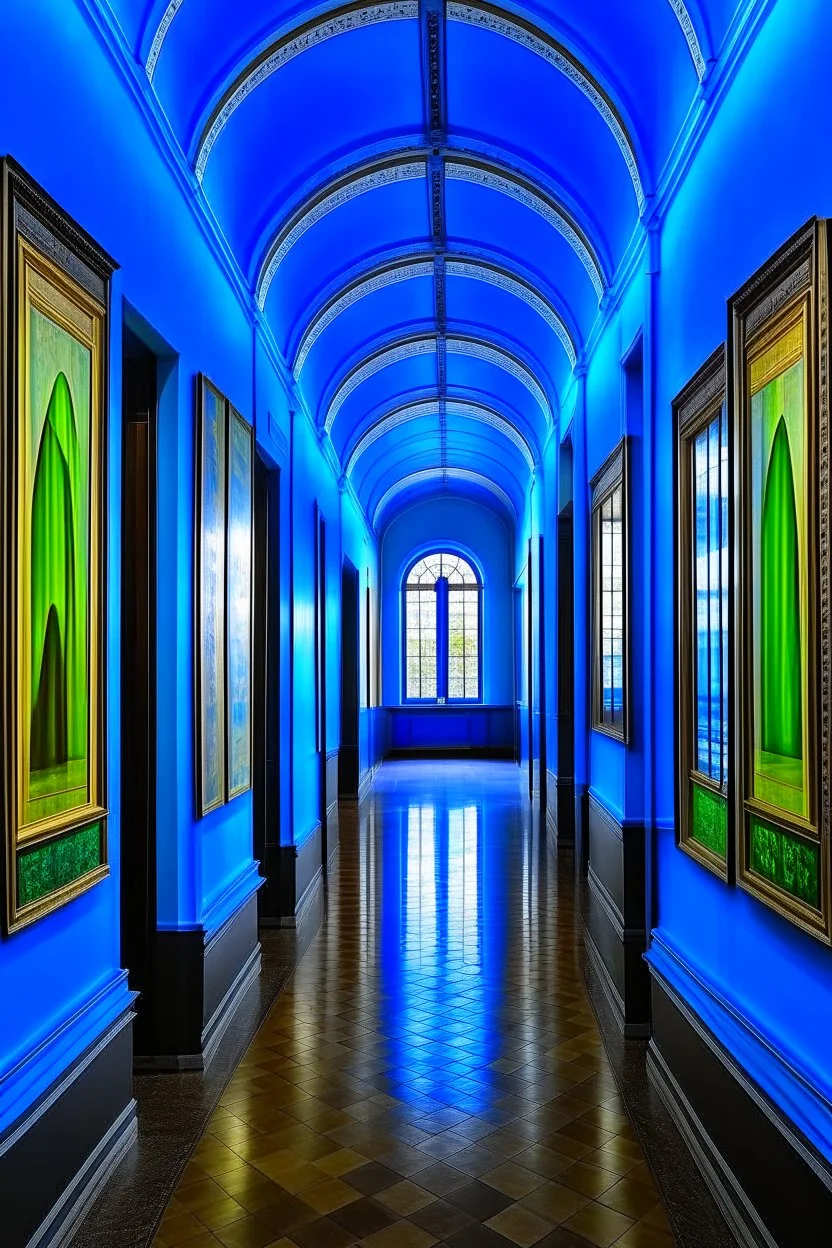 An exhibition of paintings whose side walls are in the shape of an oval and made of blue glass and its floor is light with a wall in the middle of the hall to divide it into two parts with a corridor at the beginning and end of the wall and the paintings displayed are old and historical