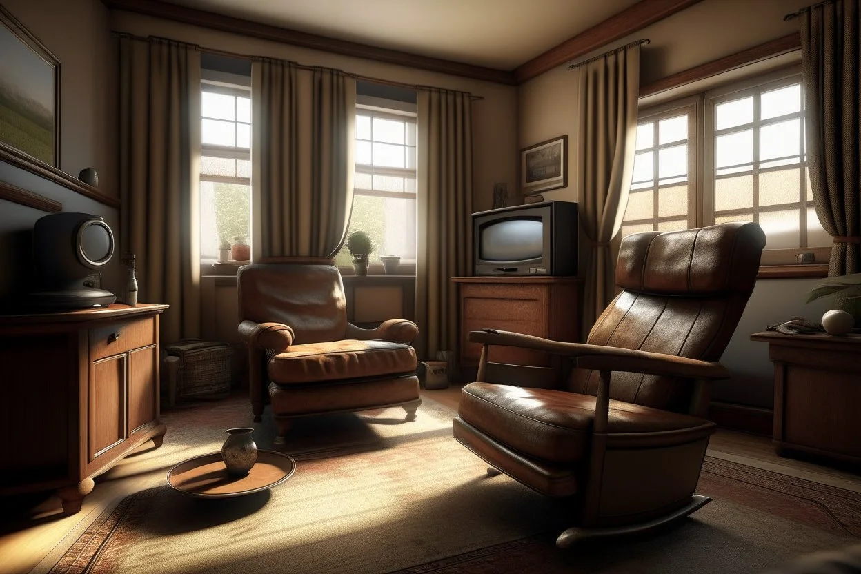 Photorealistic wide shot of an old woman's living room. Tidy and sparsely furnished with a well-loved leather recliner, sidetable and older tv. The recliner faces the tv. A small stool on wheels sits beside the tv. There is an open window with open drapes. The drapes appear to be hand sewn and tidy.