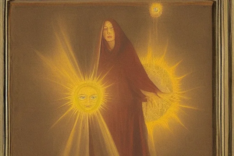 Cloaked woman beholding a miniature sun