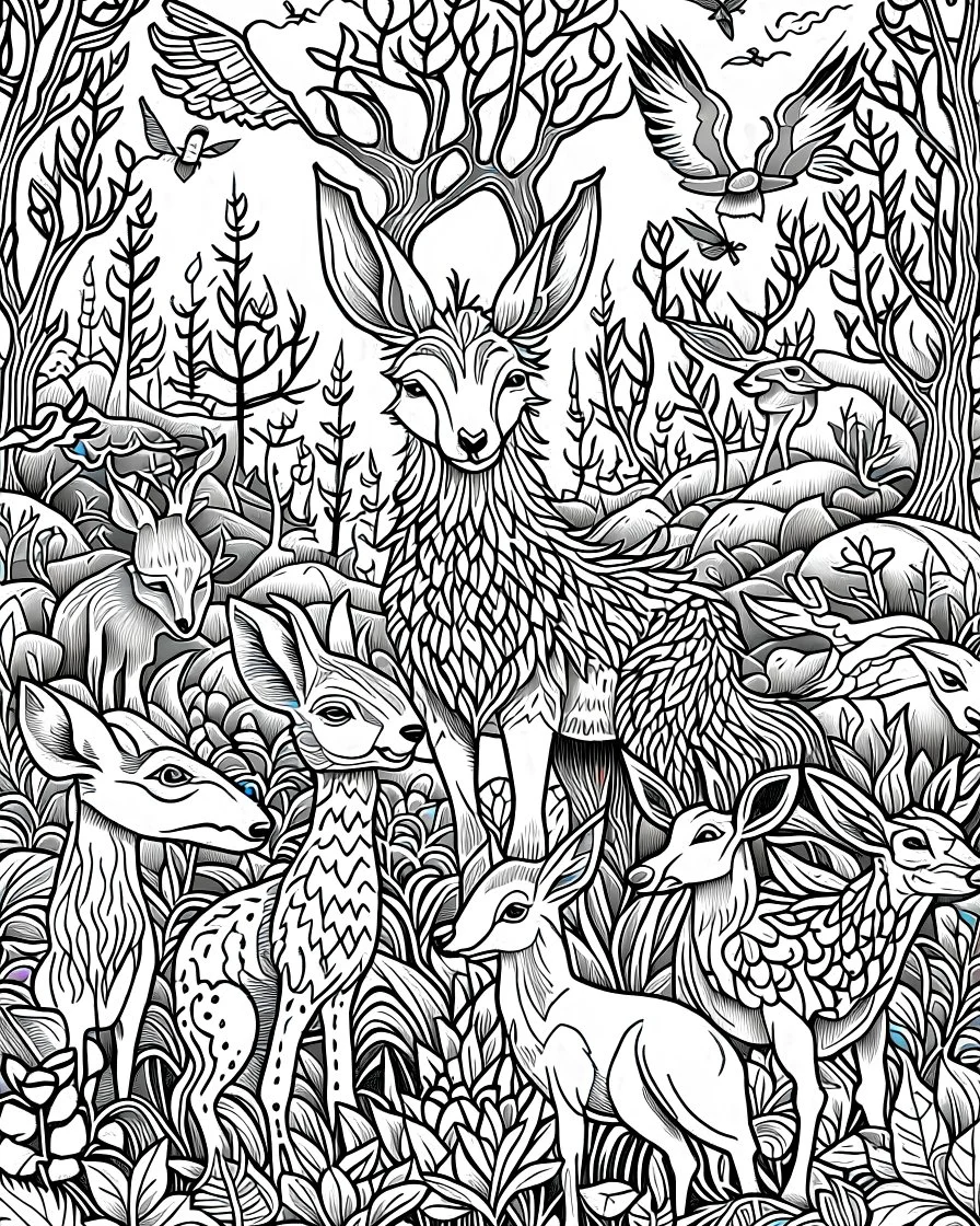 forest animals, coloring page, perfect composition, beautiful perfect coloring page, white, ((((white)))))