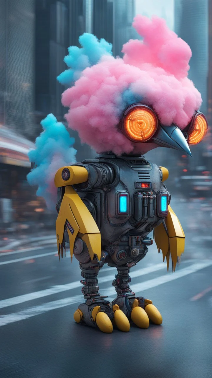 CHICKEN robot made of cotton candy, sci-fi, cyberpunk, full body, ultra realistic, virtual reality, cyberpunk city and colors