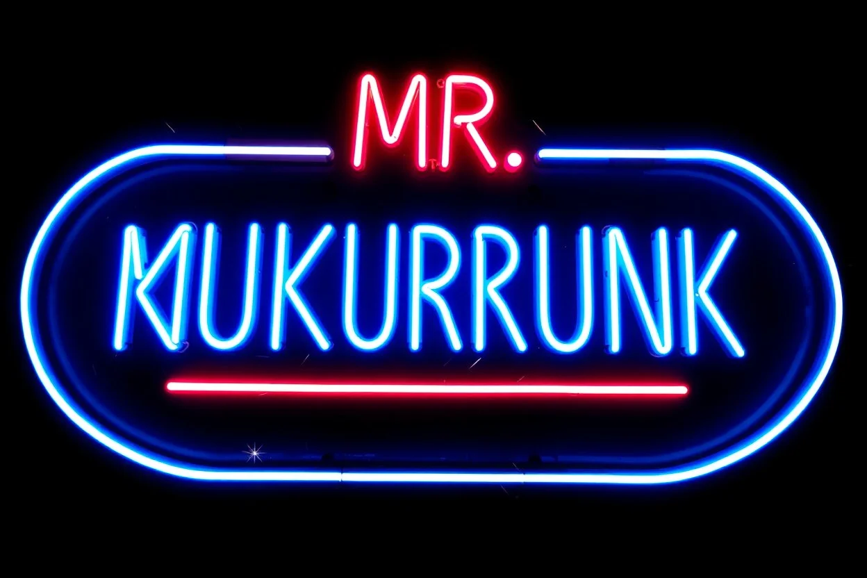 a very big blue whita neon sign that say "MR. KUKRUNK" , black background, flashes and sparks
